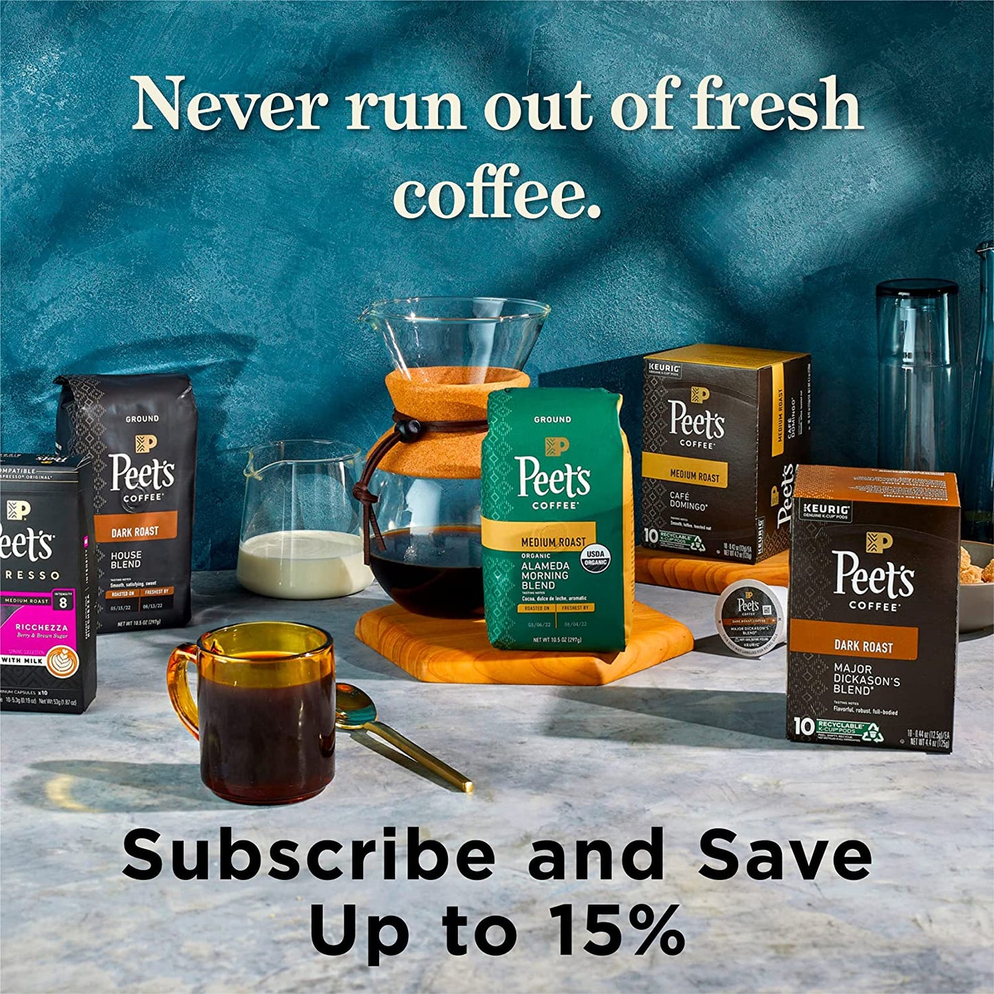 Peet's Coffee Dark Roast Decaffeinated Coffee Decaf House Blend 88 Count (4 Boxes of 22 K-Cup Pods)
