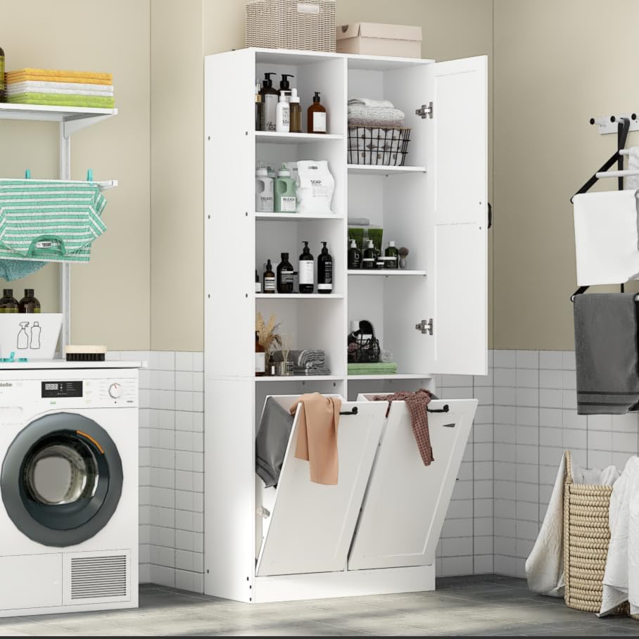 Storage cabinet with laundry basket, display cabinet