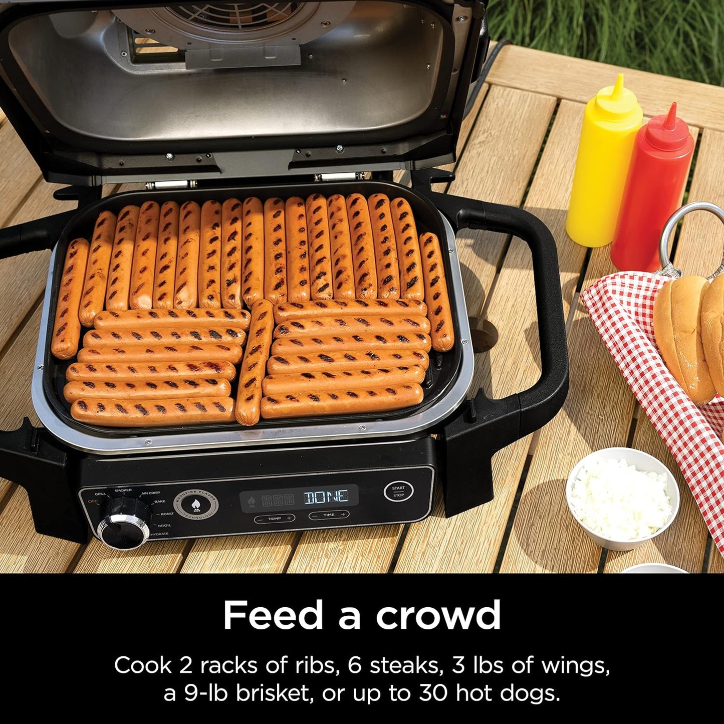 7-in-1 Grill & Smoker with Thermometer, Air Fryer, BBQ, Bake, Roast, Broil - Portable Electric Outdoor Grill, Grey
