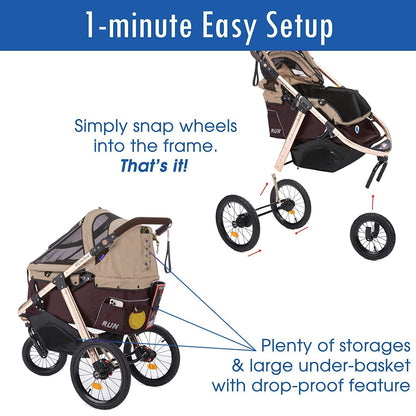 Jogging Sports Stroller with Comfort Rubber Wheels/Zipper-Less Entry/1-Hand Quick Fold/Aluminum Frame for Small/Medium Dogs, Cats and Pets (Green Camo)